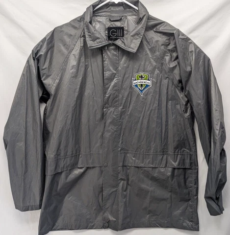 Seattle Sounders FC Jacket Men Medium Gray Windbreaker Rain Coat Hood GIII Sport Cover