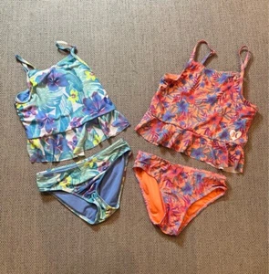 Hurley Swimsuit Girls 7/8 Blue Orange Floral Tankini Ruffle Adjustable Straps - Picture 1 of 7