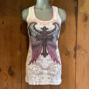nwt VOCAL western tank top ribbed white pink SM-3X CROSS RHINESTONES wings MOTO - Picture 1 of 12