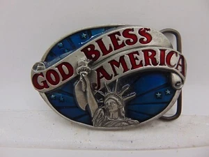 GOD BLESS AMERICA STATUE OF LIBERTY PATRIOTIC AMERICAN VINTAGE BELT BUCKLE USA - Picture 1 of 8