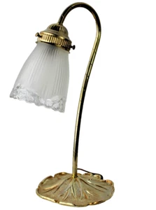 MCM Swan Neck Lily Base Brass Lamp Ribbed, Frosted Glass Shade Clear Floral - Picture 1 of 23