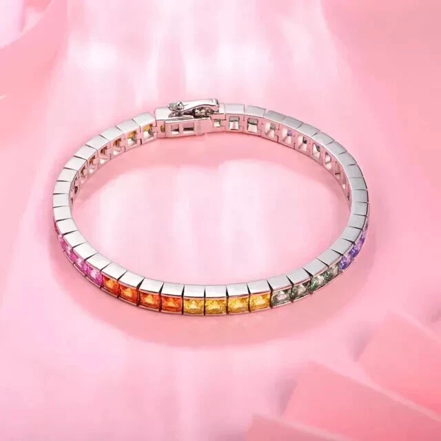 7Ct Princess Cut Multicolor Lab Gemstone Tennis Womens Bracelet 14K Solid Silver - Image 1 of 4