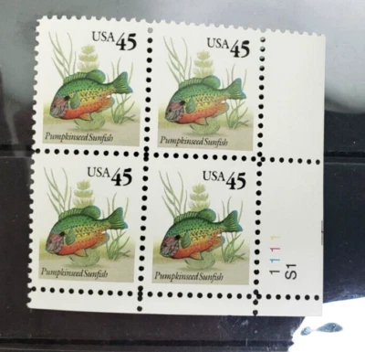 US Stamps Scott 2481 45c Pumpkinseed Sunfish plate block 1992 MNH PO fresh - Image 1 of 2