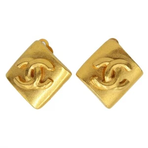 CHANEL Gold-tone Coco Mark Logo Rhombus Vintage Earrings Clip-on Women K2575 - Picture 1 of 5