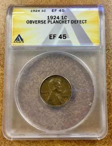 1924 LINCOLN Cent MINT ERROR Lamination on face ANACS EF45 Cover