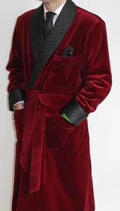 Men Long Smoking Jacket Maroon Velvet Smoking Quilted Robe Evening Relaxing Gown - Picture 1 of 6