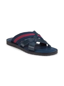 NIB SAKS FIFTH AVENUE leather navy blue red crisscross slides sandals mens' US 8 - Picture 1 of 7
