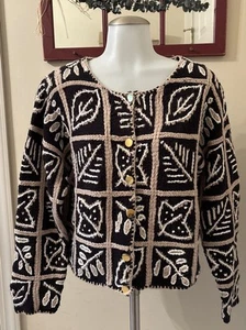 Orvis Cardigan Sweater Womens “M” Floral Tan, BLK White Knit Cotton Blend - Picture 1 of 13