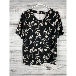 Halogen Black White Floral Short Sleeve Top XS Flowy Office Career Business - Picture 1 of 4