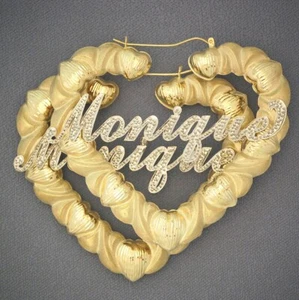 10k Gold Iced Out Name Diamond Cut Heart Hoop Earrings 3" 2 Tone Customized - Picture 1 of 2