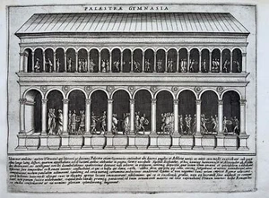 1623 Die Palestra oder Ringerschule, Stich von Gia Lauro, antikes Original - Bild 1 von 2