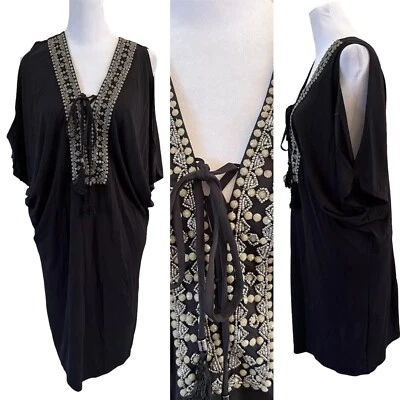 Hale Bob Black Beaded Embellished Lace Up Cold Shoulder Draped Dress Cover Up M - Image 1 of 4