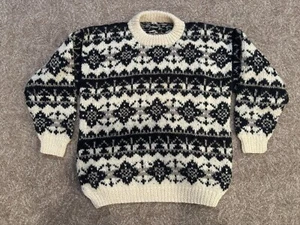 Vintage 100 % Wolle schwarz weiß Schneeflocke Sherpa Strick Pullover schwer grob L/XL - Bild 1 von 3