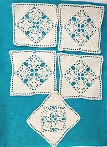 5 Light Cream Floral Square Diamond Crochet Corner Doily Lot 7 to 8 in Doilies - Picture 1 of 7