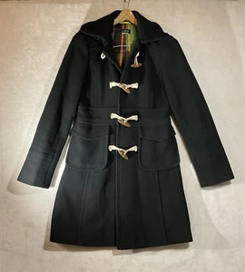 J CREW Virgin Wool Coat Womens Size 6 Hood Toggle Trench Jacket Navy Silk Lined - Picture 1 of 13