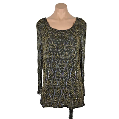 Blusa túnica de colección con solapa con cuentas noche formal negra multicolor dorada usada en excelente estado Gatsby Foto 1 de 4