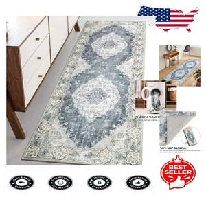 Boho Blue Grey Machine Washable Runner Rug - Non-Slip Soft Low-Pile 2'x6' - Picture 1 of 9