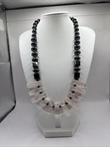 Rose Quartz & Black Hematite Gemstone Statement Beaded Chakra Necklace - Picture 1 of 10