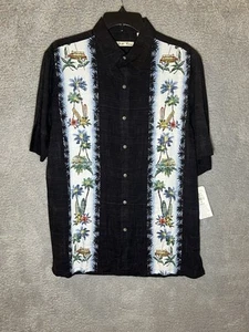 Batik Bay Tropical Shirt Herren M schwarz mit Surfbrettern Woody Wagon Palmen Rayon - Bild 1 von 6