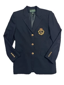 Vintage Lauren Ralph Lauren Gold 3D Crest Wool Blazer Size 10 Made In USA - Picture 1 of 12