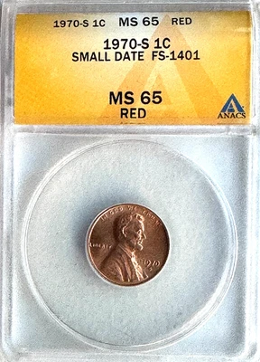 1970-S SMALL DATE LINCOLN MEMORIAL CENT FS-1401  ANACS MS65 RED - FREE SHIPPING! - Image 1 of 2