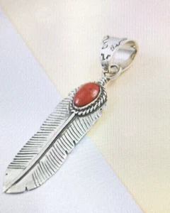 Natural Red Coral feather Pendant in 925 Sterling Silver - Picture 1 of 8