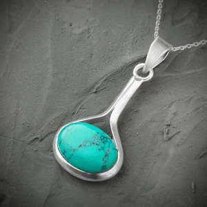 925 Sterling Silver Turquoise Necklace Oval Gemstone Pendant Handmade Gift Boxed - Picture 1 of 5