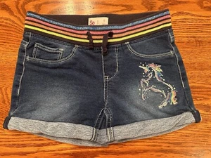 SO Girls Size 8 Blue Jeans Denim SHORTS Unicorn Rainbow Soft Summer Stretch - Picture 1 of 7