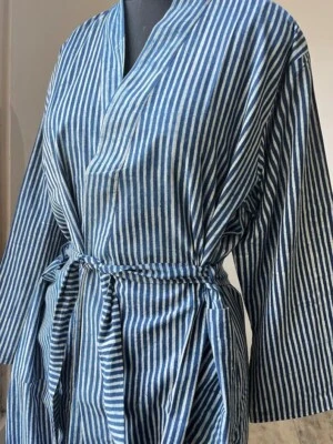 Bata de algodón con estampado de rayas azul indio kimono largo ropa de dormir traje de noche kimono EE. UU. Foto 1 de 2