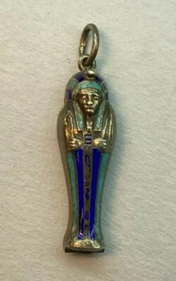 DECO STILE PHARAOH EGYPT VINTAGE MINIATURE SOLID SILVER ENAMELS PENDANT + NECK. - Immagine 1 di 4