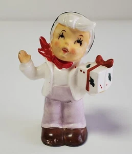 Vtg 1950s Christmas Noel Boy 4" Figurine Holding Gift Present Bisque Face/Hands - Picture 1 of 8