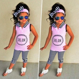 Toddler Baby Girls Letter Sleeveless Hoodie Tops T-Shirt Striped Pants Clothes - Picture 1 of 6