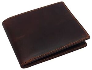 Hunter Brown RFID Blocking Genuine Leather Bifold Hipster Wallet Flip Up ID Hold