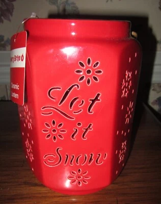 Linterna de cerámica roja de Navidad Merry Brite “Let It Snow” copos de nieve; 7,5" de alto Foto 1 de 4