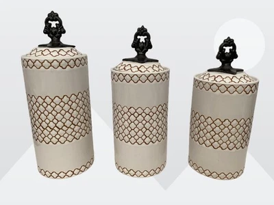 American Atelier 3-Lot Antique White Brown Shabby Chic Ceramic Canister Set - Image 1 of 4