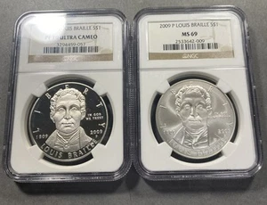 (2) 2009-P $1 Louis Braille Silver Dollars NGCPF70/MS69 Item 9540 - Picture 1 of 5