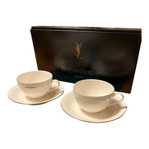 Yves Saint Laurent Cup Saucer Plate Set of 2 White Silver Grass Porcelain Japan - Picture 1 of 7