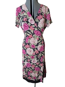 VTG 90s Silk Floral Midi Wrap Dress Cottage Feminine Grunge Layered - Picture 1 of 5