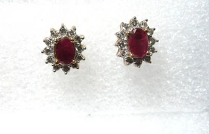14K GOLD STUD EARRINGS / RED NATURAL RUBIES & DIAMONDS - Picture 1 of 3