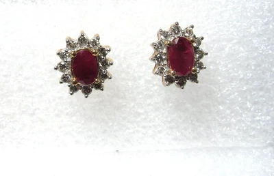 14K GOLD STUD EARRINGS / RED NATURAL RUBIES & DIAMONDS - Image 1 of 3