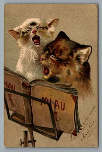 UDB postcard publ. PFB, 2 cats singing Miau, Serie 2285, embossed, SPOT FLAWS - Picture 1 of 2