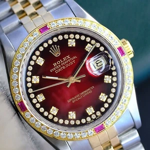 Rolex Men's Datejust Watch Gold & Steel Red Diamond Dial Diamond Bezel w/ BOX - Picture 1 of 10