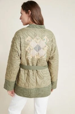 Anthropologie Quilted Patchwork Kimono Jacket Moss Green Sz Large NEW LP Petite - Image 1 of 4