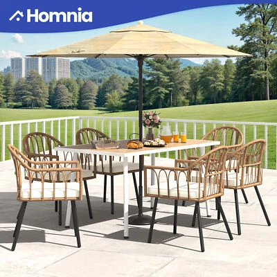 Juego de comedor de mimbre de ratán para patio exterior de 7 piezas con mesa y 6 sillas Foto 1 de 4