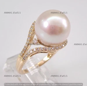 13mm Round Cut White Pearl Solitaire Engagement Ring Real 14K Yellow Gold Plated - Picture 1 of 8