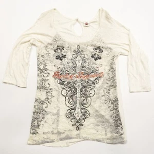 Harley-Davidson Blouse Women's Large White Rayon Floral Stretch Round Neck Top - Picture 1 of 8