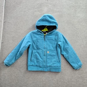 Carhartt Boys Jacket Medium Blue Sherpa Lined Hooded Logo Pockets Full Zip - Picture 1 of 9