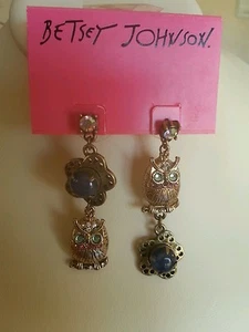 Betsey Johnson gold tone owl bead drop earrings - Picture 1 of 3