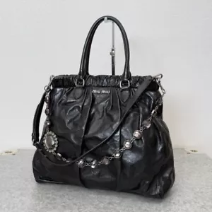 Miu Miu Vintage Vitello Shine 2way Tote Bag Leather Black Gently Used Auth JAPAN - Picture 1 of 12