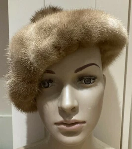 1950s Vintage Mid Brown Mink Beret Style Fur Hat with Pom Pom, Size M - Picture 1 of 7